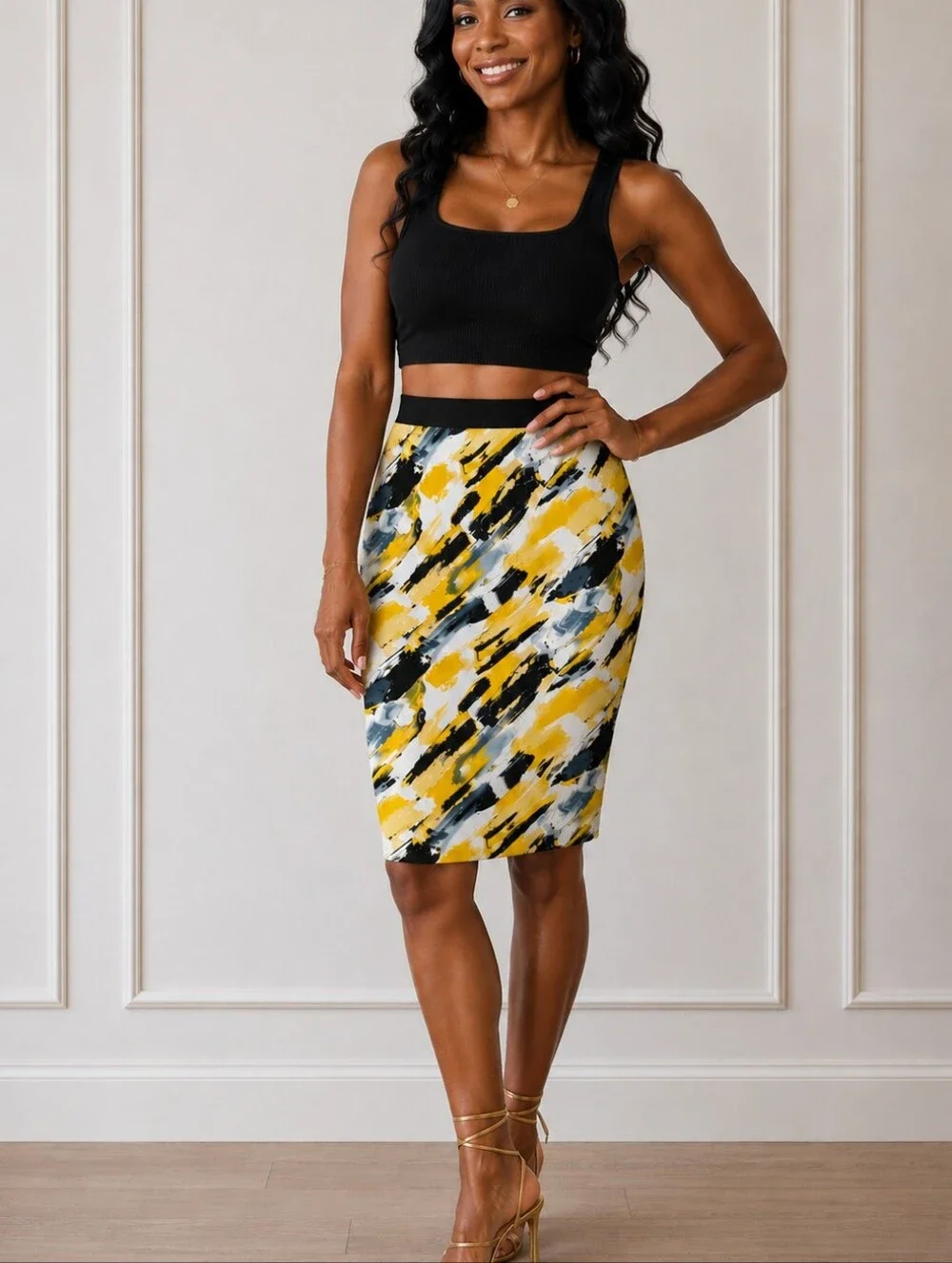 Arden B. Midi Abstract Yellow and Black Women's Skirt.‎ Lots of stretch! Size L.